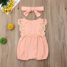 将图片加载到图库查看器,Pretty Summer Newborn Kid Baby Girl Outfits Lace Ruffle Sleeve Romper Solid Jumpsuit Bow Headband 2Pcs Baby Girl Sets 0-24M