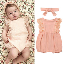 将图片加载到图库查看器,Pretty Summer Newborn Kid Baby Girl Outfits Lace Ruffle Sleeve Romper Solid Jumpsuit Bow Headband 2Pcs Baby Girl Sets 0-24M