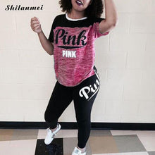 将图片加载到图库查看器,Pink Printing Women'S Outfits Short Sleeve T-Shirts And Long Pants 2 Piece Set Fitness Plus Size XXXL Women'S Summer Tracksuit