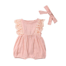 将图片加载到图库查看器,Pretty Summer Newborn Kid Baby Girl Outfits Lace Ruffle Sleeve Romper Solid Jumpsuit Bow Headband 2Pcs Baby Girl Sets 0-24M