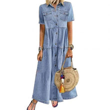 将图片加载到图库查看器,Denim Dress Retro Women Short Sleeve Turn Down Collar Pockets Button Long Loose Denim Dress Pockets Button Long Loose Plus size