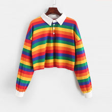 将图片加载到图库查看器,QRWR 2020 Polo Shirt Women Sweatshirt Long Sleeve Rainbow Color Ladies Hoodies With Button Striped Korean Style Sweatshirt Women
