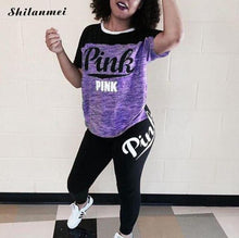 将图片加载到图库查看器,Pink Printing Women'S Outfits Short Sleeve T-Shirts And Long Pants 2 Piece Set Fitness Plus Size XXXL Women'S Summer Tracksuit