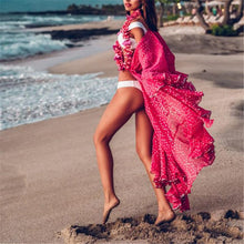 将图片加载到图库查看器,2020 Bikini Cover-ups Bohemian Dot Printed Flare Sleeve Ruffed Summer Beach Dress Chiffon Tunic Women Swimsuit Cover Up Q914