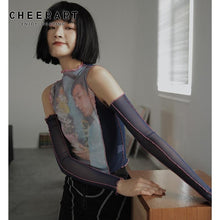 将图片加载到图库查看器,CHEERART Designer Off Shoulder Mesh Top Long Sleeve Top See Through T Shirt Women Tee Shirt Summer Fashion Tops