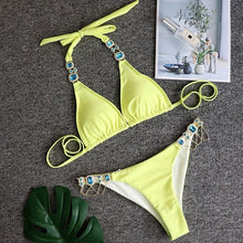 将图片加载到图库查看器,Shiny Rhinestone Bikini 2019 Crystal Diamond Swimsuit Women Metal Chains Swimwear female Bikini set Bandeau Halter Bathing Suit