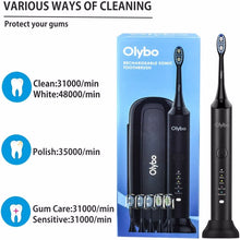 将图片加载到图库查看器,Olybo Electric Toothbrush Sonic Toothbrushes for Adults, 5 Modes 48000VPM with 6 Replacement Brush Heads and Travel Case(Cannot be sold on Amazon)