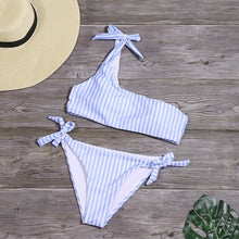 将图片加载到图库查看器,Sexy Stripe Bikinis Set Women One Shoulder Swimwear Low Waist Bandage Bathing Suit Swimsuit Summer Tube Top Female Beachwear