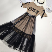 将图片加载到图库查看器,Sarah test Summer 2020 New Women's Letter print Strapless Long T-shirt +Mesh See Through Skirt 2 Piece Sets Fashion Belt Skirts Suits