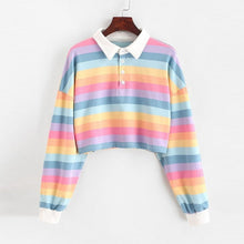 将图片加载到图库查看器,QRWR 2020 Polo Shirt Women Sweatshirt Long Sleeve Rainbow Color Ladies Hoodies With Button Striped Korean Style Sweatshirt Women