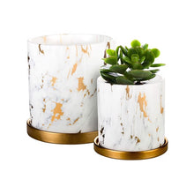 将图片加载到图库查看器,Ceramic flowerpot with drain hole and tray, marble pattern, ceramic flowerpot with drain hole, for meat plants / plants / flowers