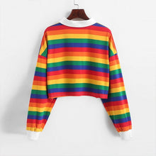 将图片加载到图库查看器,QRWR 2020 Polo Shirt Women Sweatshirt Long Sleeve Rainbow Color Ladies Hoodies With Button Striped Korean Style Sweatshirt Women