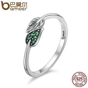 BAMOER 925 Sterling Silver Dancing Leaves Leaf Green Dazzling CZ Finger Rings SCR093