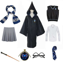 将图片加载到图库查看器，Girls Women Magic School Uniform Godric Hermione Robe Cloak Party Cosplay And Skirt Scarf Wand Kids Adult Halloween Costume
