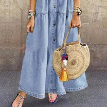 将图片加载到图库查看器，Denim Dress Retro Women Short Sleeve Turn Down Collar Pockets Button Long Loose Denim Dress Pockets Button Long Loose Plus size
