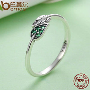 BAMOER 925 Sterling Silver Dancing Leaves Leaf Green Dazzling CZ Finger Rings SCR093