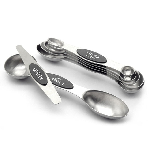 LMETJMA 7pcs/set Magnetic Measuring Spoons Set with Leveler Stainless Steel Double-Sided Measuring Spoons Set for Cooking Baking