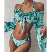 将图片加载到图库查看器，2021 Sexy Three Pieces Bikini Set Bell Sleeve Bikini Cover Up Swimwear Women Swimsuit Print Bathing Suit Beachwear Swimming Suit
