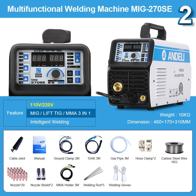 ANDELI MIG-270SE 3 in 1 tig mig Welder 110V/220V MIG TIG MMA Welding Machine Gasless Welder Mig Welding Machine