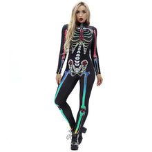 将图片加载到图库查看器，8Style Halloween Cosplay Costumes for Women Adult Scary Skeleton Bodysuit Print Long Sleeve Carnival Party Ghost Skull Dress
