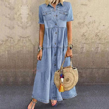 将图片加载到图库查看器，Denim Dress Retro Women Short Sleeve Turn Down Collar Pockets Button Long Loose Denim Dress Pockets Button Long Loose Plus size
