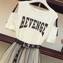 将图片加载到图库查看器，Sarah test Summer 2020 New Women&#39;s Letter print Strapless Long T-shirt +Mesh See Through Skirt 2 Piece Sets Fashion Belt Skirts Suits
