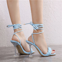将图片加载到图库查看器，2021 Summer Designer Women Weave Blue Clear Heels Sandals 9cm Fetish High Heels Lace Up Sandals Open Toe Prom Shoes Plus Size
