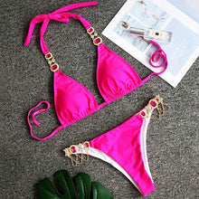 将图片加载到图库查看器，Shiny Rhinestone Bikini 2019 Crystal Diamond Swimsuit Women Metal Chains Swimwear female Bikini set Bandeau Halter Bathing Suit

