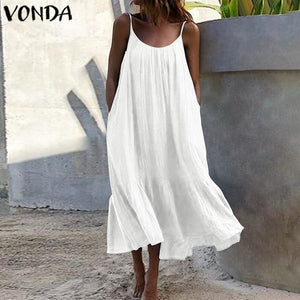 Bohemian Sundres Women Dress 2020 VONDA Summer Sleeveless Maxi Long Dress Beach Holiday Casual Loose Robe Plus Size Vestidos