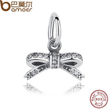 将图片加载到图库查看器，BAMOER 925 Sterling Silver Sparkling Bow knot Pendant Clear CZ Charms fit Bracelets PAS185
