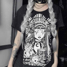 将图片加载到图库查看器，VIP HJN Japanese Style Floral Print Gothic T-Shirt Women&#39;s Grunge Aesthetic Pastel Goth T-shirts Edgy Fashion Tops
