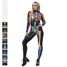 将图片加载到图库查看器，8Style Halloween Cosplay Costumes for Women Adult Scary Skeleton Bodysuit Print Long Sleeve Carnival Party Ghost Skull Dress
