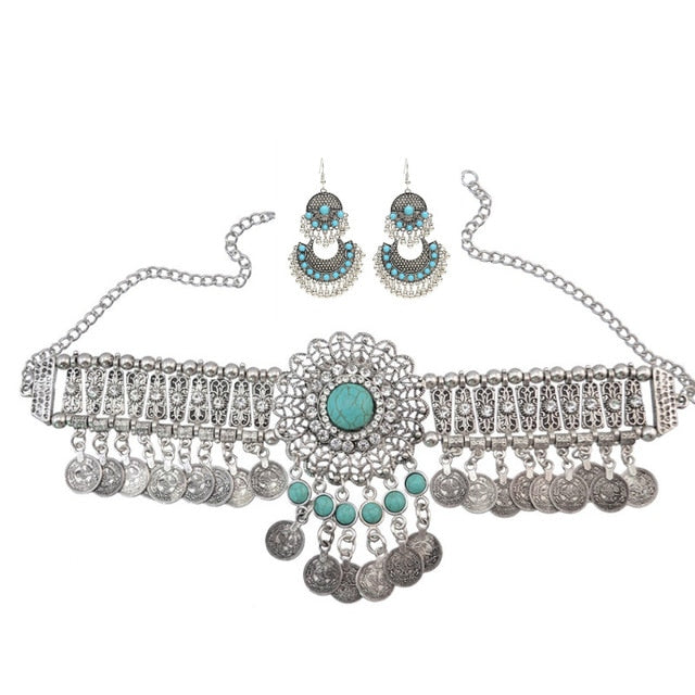 Sarah Turkish Ethnic Bead Drop Jhumka India Big Earrings Choker Neckace For Women Collar Egypt Afghan Gypsy African Tribal Jewelry Set