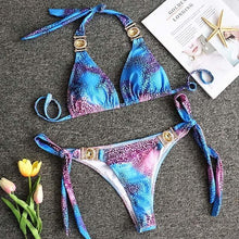 将图片加载到图库查看器，Shiny Rhinestone Bikini 2019 Crystal Diamond Swimsuit Women Metal Chains Swimwear female Bikini set Bandeau Halter Bathing Suit
