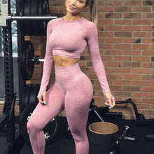 将图片加载到图库查看器，Sarah Women two piece set Seamless set Fitness Sports Suits gym clothes Long Sleeve Shirts High Waist Leggings Workout Pants tracksuit
