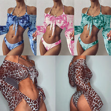 将图片加载到图库查看器，2021 Sexy Three Pieces Bikini Set Bell Sleeve Bikini Cover Up Swimwear Women Swimsuit Print Bathing Suit Beachwear Swimming Suit
