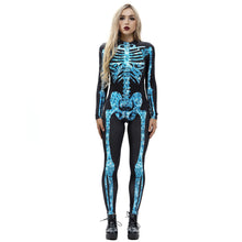 将图片加载到图库查看器，8Style Halloween Cosplay Costumes for Women Adult Scary Skeleton Bodysuit Print Long Sleeve Carnival Party Ghost Skull Dress
