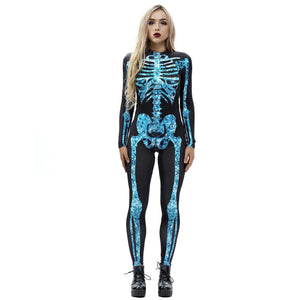 8Style Halloween Cosplay Costumes for Women Adult Scary Skeleton Bodysuit Print Long Sleeve Carnival Party Ghost Skull Dress