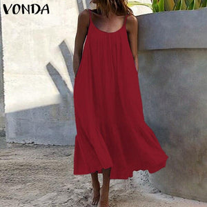 Bohemian Sundres Women Dress 2020 VONDA Summer Sleeveless Maxi Long Dress Beach Holiday Casual Loose Robe Plus Size Vestidos