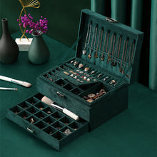 将图片加载到图库查看器，New  Green Stud Jewelry Organizer Large Ring Necklace Makeup Holder Cases Velvet Jewelry Box with Lock for Women
