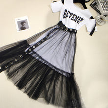 将图片加载到图库查看器，Sarah test Summer 2020 New Women&#39;s Letter print Strapless Long T-shirt +Mesh See Through Skirt 2 Piece Sets Fashion Belt Skirts Suits
