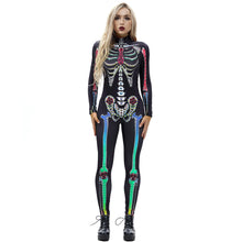 将图片加载到图库查看器，8Style Halloween Cosplay Costumes for Women Adult Scary Skeleton Bodysuit Print Long Sleeve Carnival Party Ghost Skull Dress
