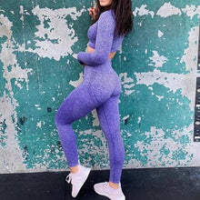 将图片加载到图库查看器，Sarah Women two piece set Seamless set Fitness Sports Suits gym clothes Long Sleeve Shirts High Waist Leggings Workout Pants tracksuit
