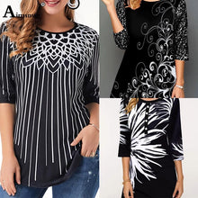 将图片加载到图库查看器，Plus size 4xl 5xl Women New Elegant Summer Fashion Elasticity Female Casual Loose Ladies print Top Half Sleeve T-ShirtTee Shirt
