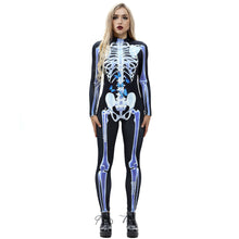 将图片加载到图库查看器，8Style Halloween Cosplay Costumes for Women Adult Scary Skeleton Bodysuit Print Long Sleeve Carnival Party Ghost Skull Dress
