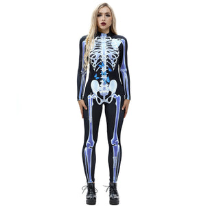 8Style Halloween Cosplay Costumes for Women Adult Scary Skeleton Bodysuit Print Long Sleeve Carnival Party Ghost Skull Dress