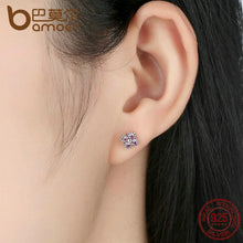 将图片加载到图库查看器，BAMOER 925 Sterling Silver Earrings Pink Silver Clear CZ Push Back Stud Earrings PAS481
