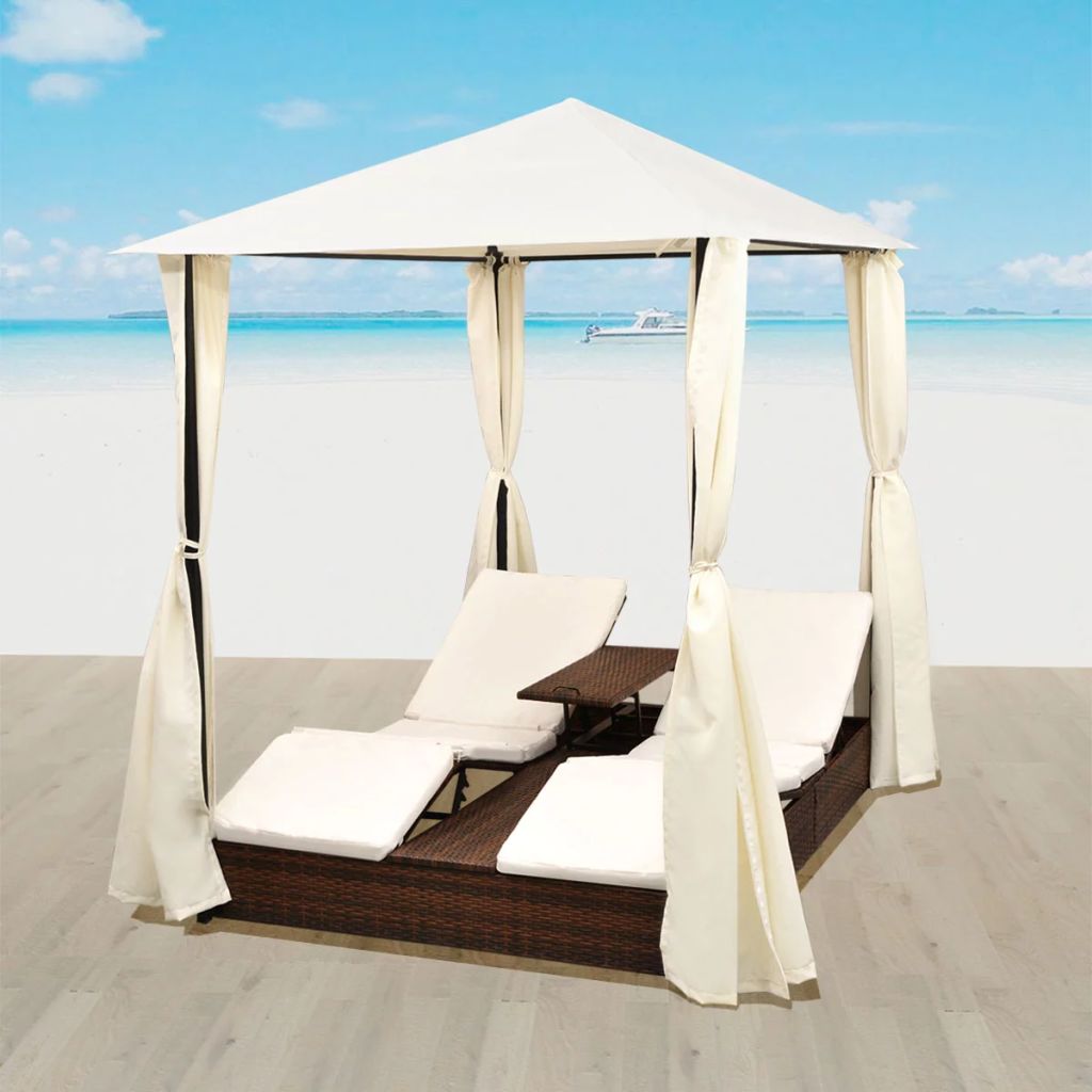 Outdoor Daybed 2-Person Rattan Wicker Patio Sunlounger Curtain 2 Colors