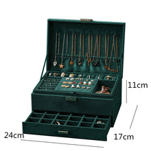 将图片加载到图库查看器，New  Green Stud Jewelry Organizer Large Ring Necklace Makeup Holder Cases Velvet Jewelry Box with Lock for Women
