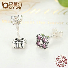 将图片加载到图库查看器，BAMOER 925 Sterling Silver Earrings Pink Silver Clear CZ Push Back Stud Earrings PAS481
